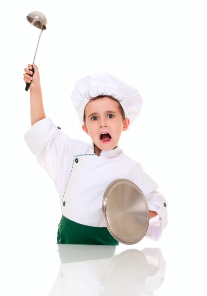 Pequeño cocinero enojado amenazan con utensilio de cocina —  Fotos de Stock