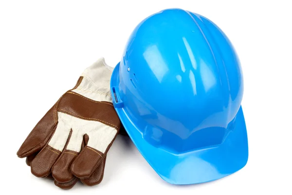 Casco blu e guanti da lavoro — Foto Stock