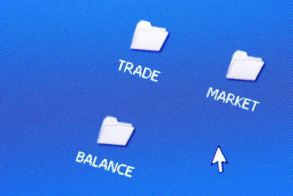 Handlu, rynku i równowagi foldery na ekranie komputera — Zdjęcie stockowe