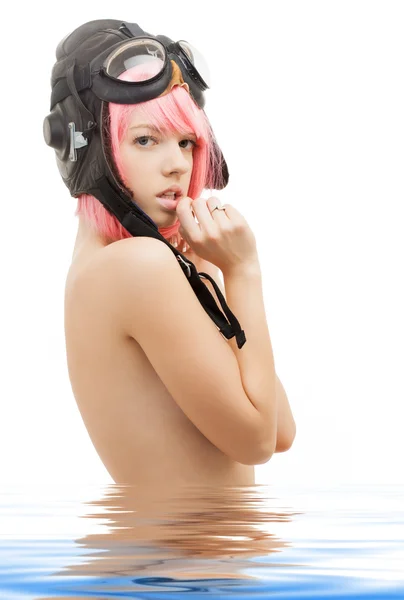 Topless pink hair meisje in vlieger helm — Stockfoto