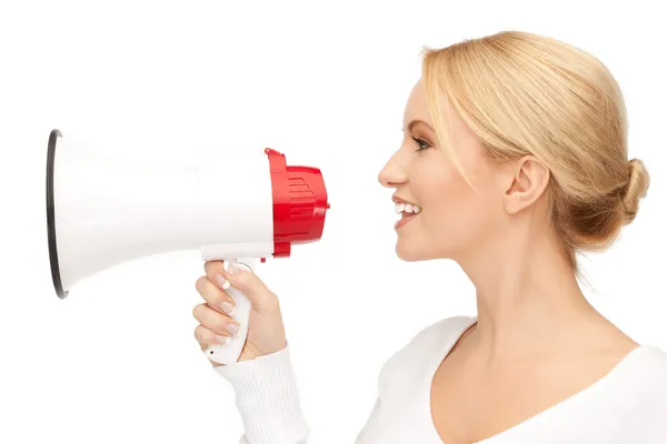 Mulher feliz com megafone — Fotografia de Stock