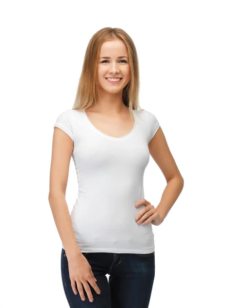 Smiling teenage girl in blank white t-shirt Stock Picture