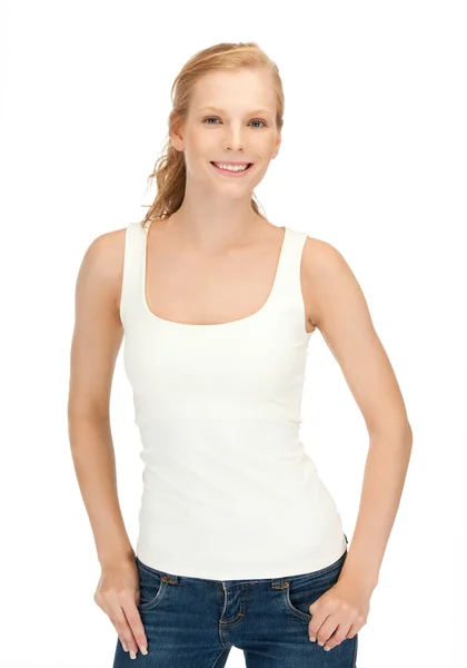 Дівчина в порожній білій футболці, що показує знак перемоги Стокова Картинка