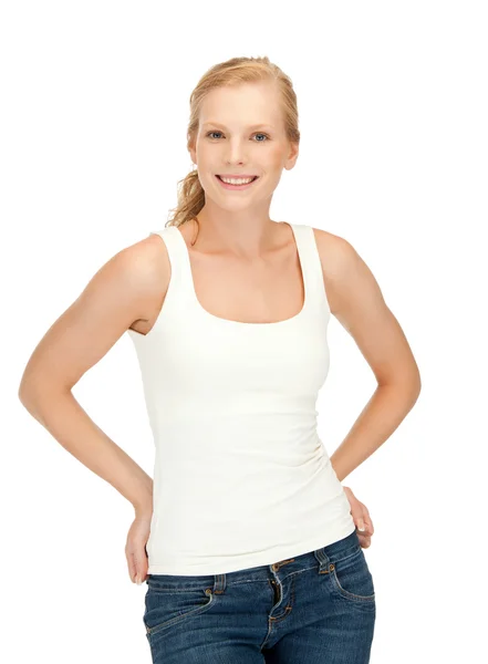 Smiling teenage girl in blank white t-shirt — Stock Photo, Image