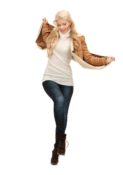 Woman in sheepskin jacket — Stock Photo, Image