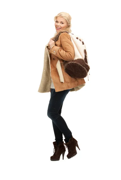 Woman in sheepskin jacket — Stock Photo, Image