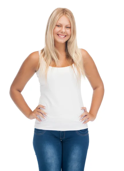 Ler tonårsflicka i blank vit t-shirt — Stockfoto