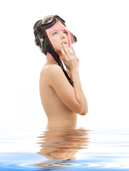 Topless fille de cheveux roses dans le casque aviateur — Photo