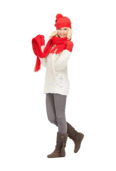 Beautiful woman in hat, muffler and mittens — Stock Photo, Image