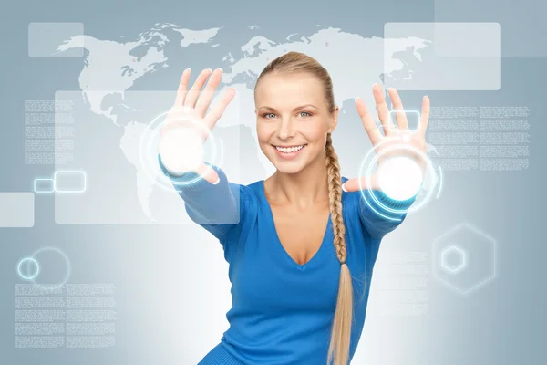 Businesswoman working with touch screen — Stock Photo, Image