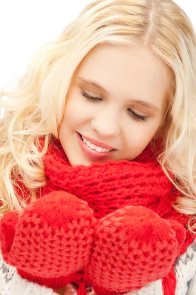 Beautiful woman in mittens — Stock Photo, Image