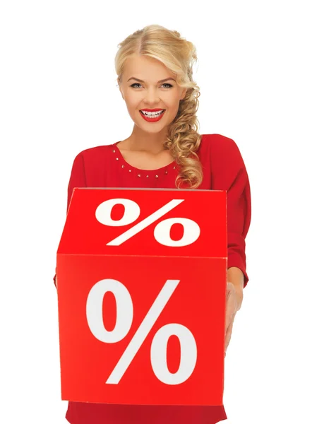 Szép nő, piros ruhás, a százalék jel — Stock Fotó