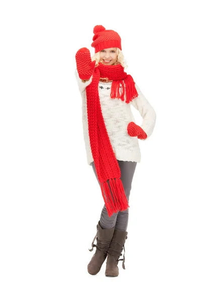 Beautiful woman in hat, muffler and mittens — Stock Photo, Image