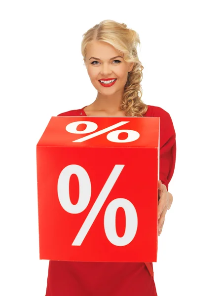 Lovely woman in red dress with percent sign — Stock Photo, Image