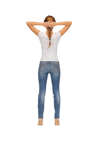 Rear view of woman in blank white t-shirt — Stock Photo, Image