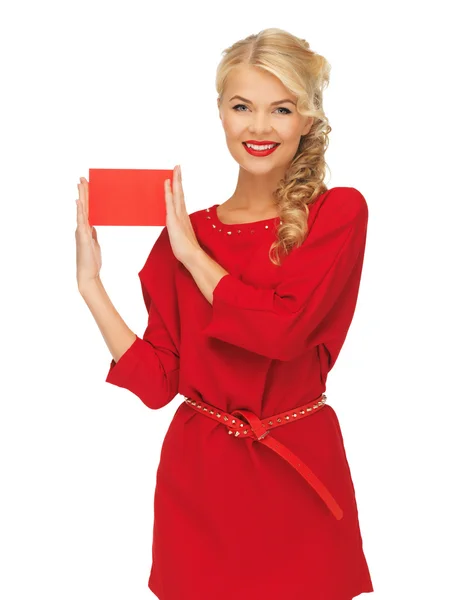 Preciosa mujer en vestido rojo con tarjeta de notas — Foto de Stock