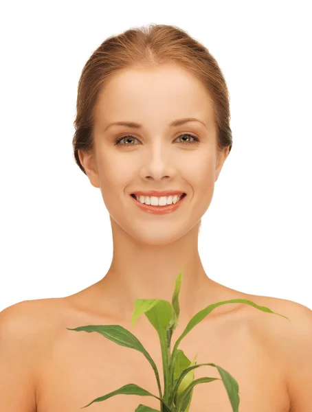 Woman with green sprout — Stock Photo, Image