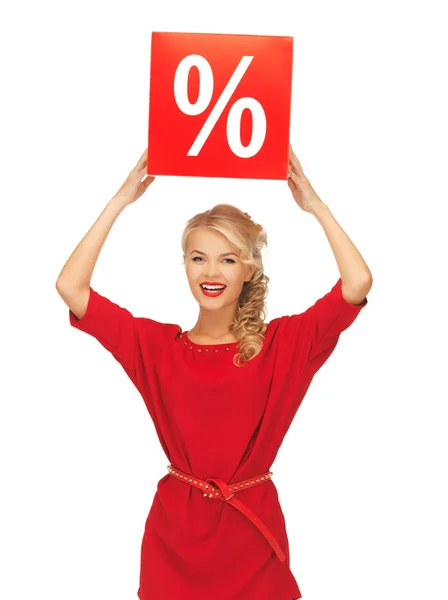 Lovely woman in red dress with percent sign — Stock Photo, Image