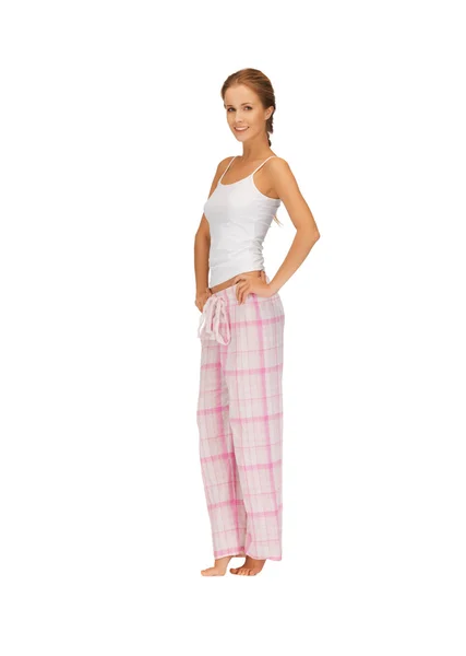 Gelukkig en lachende vrouw in pyjama katoen — Stockfoto
