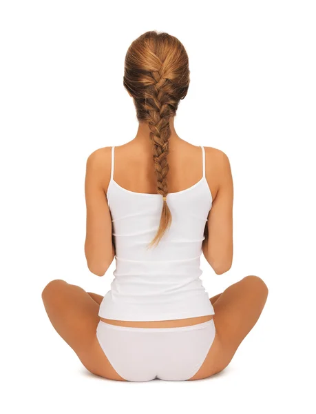 Frau in Unbekleidung praktiziert Yoga-Lotus-Pose — Stockfoto