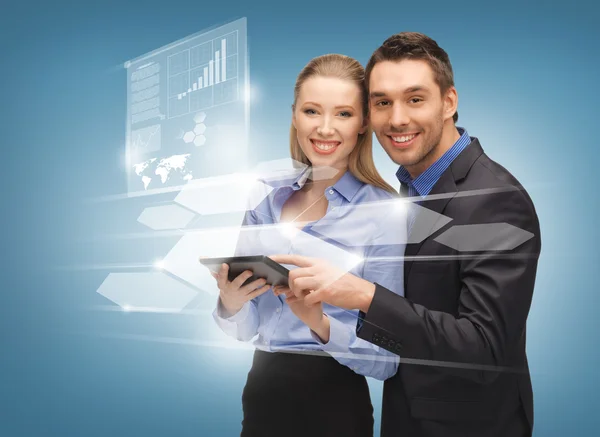 Man and woman with virtual screens — Stock Photo, Image