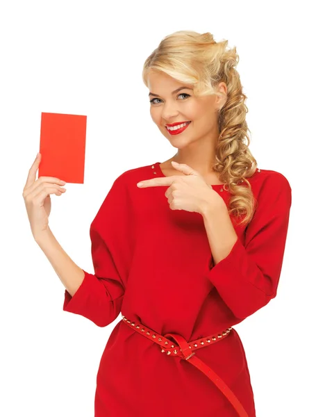 Όμορφη γυναίκα στο κόκκινο φόρεμα με σημείωση κάρτα — Φωτογραφία Αρχείου