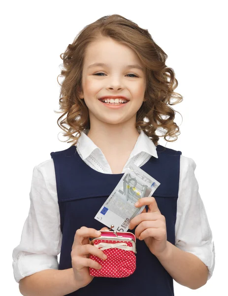 Chica con monedero y papel moneda —  Fotos de Stock