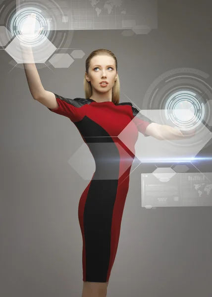 Woman working with virtual touchscreens — Stock Photo, Image