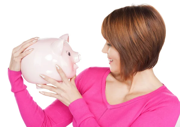 Mooie vrouw met piggy bank — Stockfoto