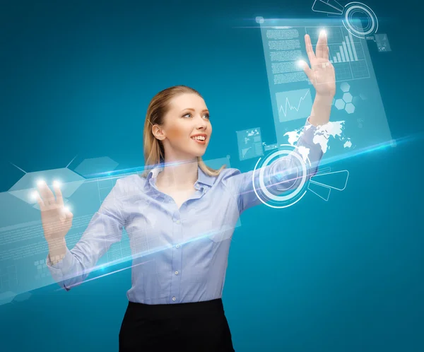 Woman working with virtual screens — Stock Photo, Image