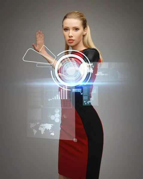 Woman working with virtual touchscreens — Stock Photo, Image