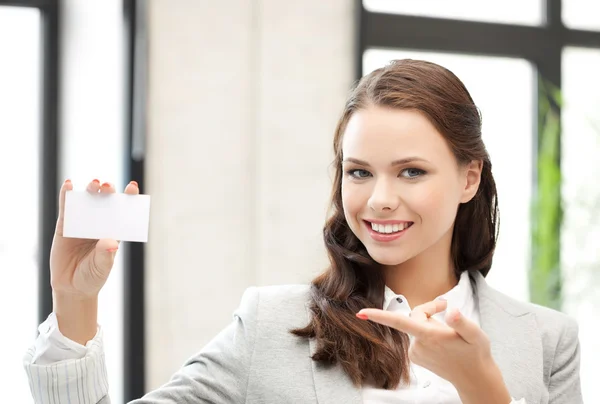 Woman with blank business card — Stock Photo, Image