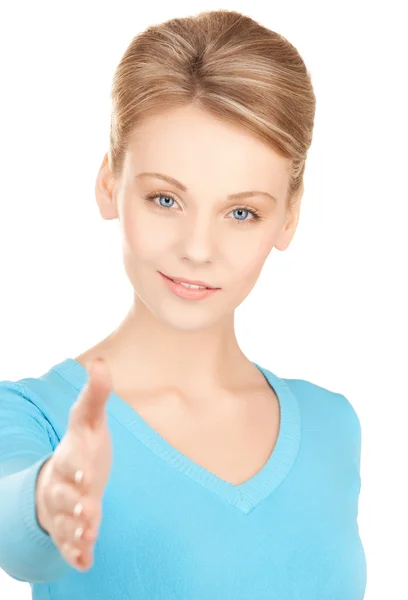 Woman with an open hand ready for handshake — Stock Photo, Image