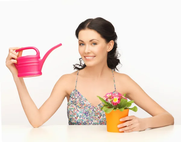 Dona de casa com flor em vaso e regador de lata — Fotografia de Stock