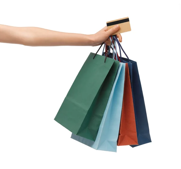 Sacos de compras multicoloridos e cartão de crédito — Fotografia de Stock