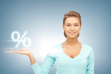 Woman showing sign of percent in her hand clipart