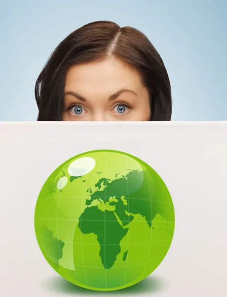 Woman with illustration of green eco globe — Stock Photo, Image