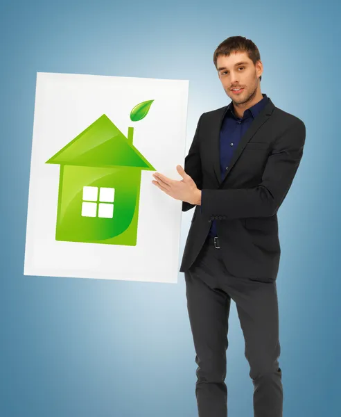 Handsome man illustration of eco house — Stock Photo, Image