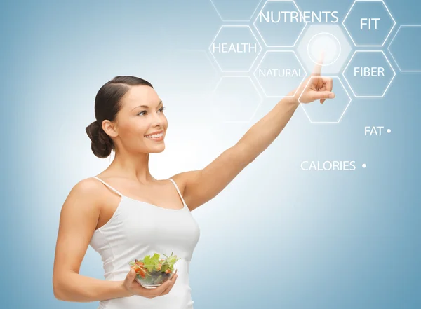 Woman with salad and virtual screen — Stock Photo, Image