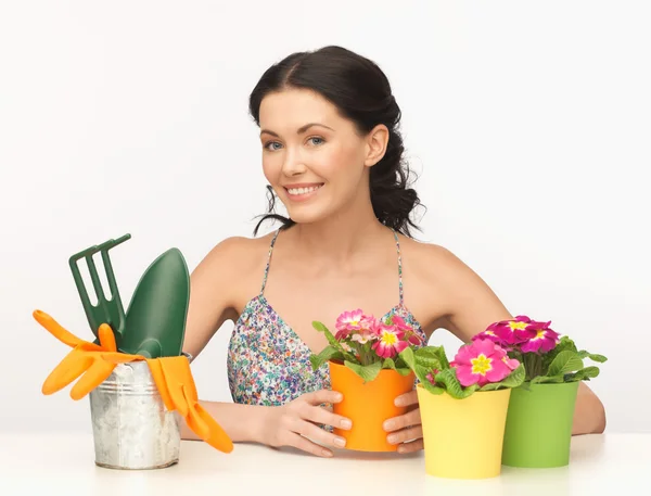 Housewife with flower in pot and gardening set — Stock Photo, Image