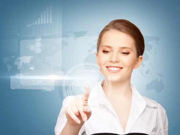 Businesswoman touching virtual screen — Stock Photo, Image