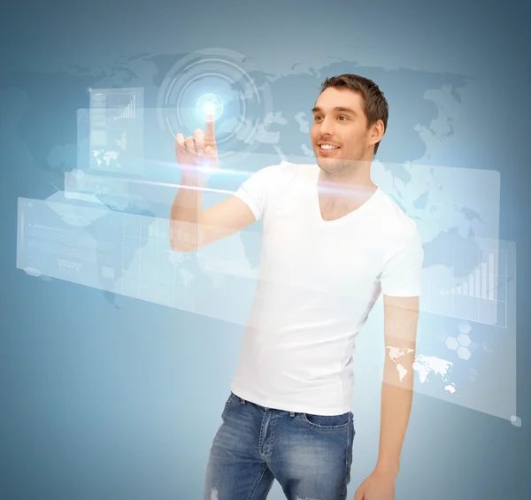 Man touching virtual screen — Stock Photo, Image