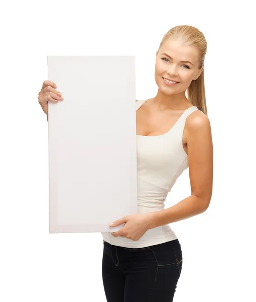 Vrouw met wit leeg bord Stockafbeelding