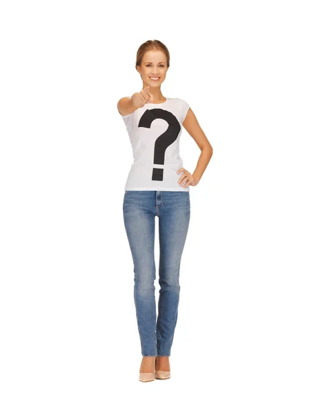 Woman in white t-shirt pointing at you — Stock Photo, Image