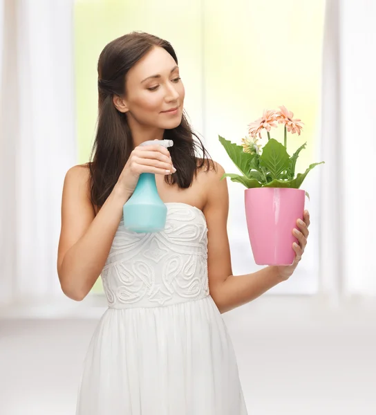 Vrouw die pot met bloem en spray fles — Stockfoto