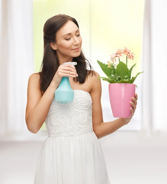 Mujer sosteniendo maceta con flor y botella de spray —  Fotos de Stock