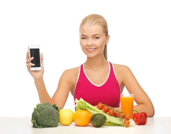 Mulher com frutas, legumes e tablet pc — Fotografia de Stock