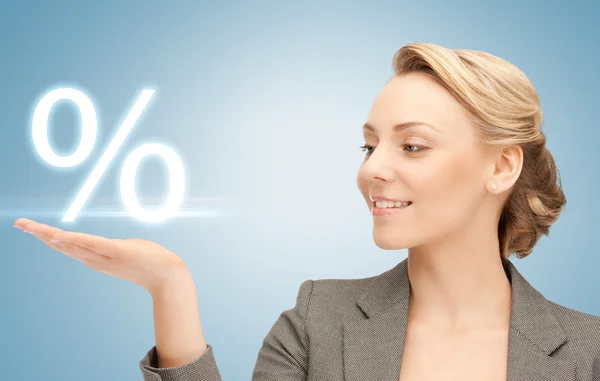 Woman showing sign of percent in her hand — Stock Photo, Image