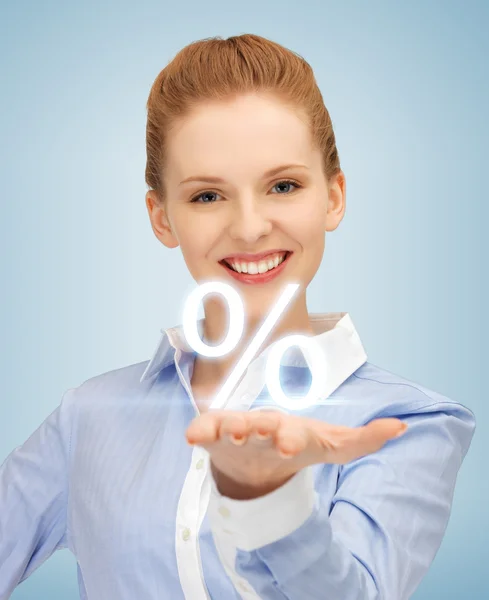 Woman showing sign of percent in her hand — Stock Photo, Image