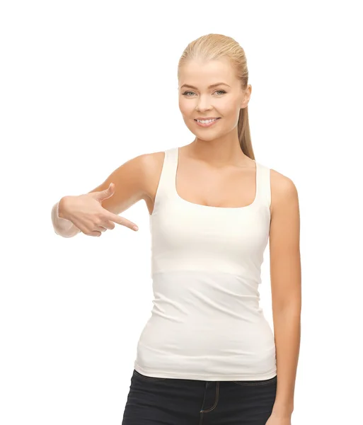 Woman in blank white t-shirt pointing at herself — Stock Photo, Image